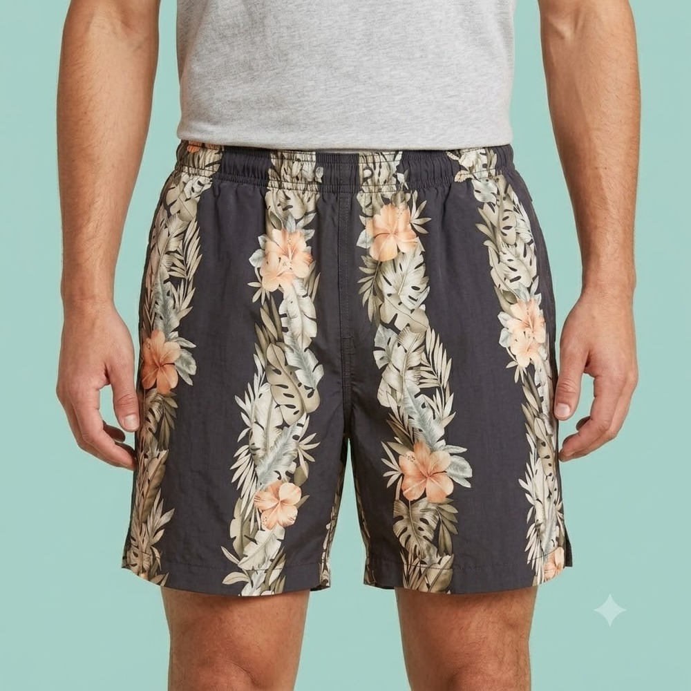 Tommy Bahama Swim Trunks Mens M Black Floral Hibiscus Tropical Board Shorts